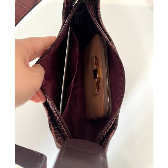 Vintage Longchamp Crocodile Croc Embosed Leather Shoulder Bag Burgundy Y2K - Picture 5 of 10